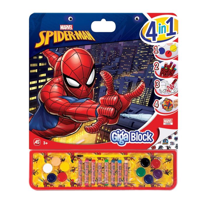 Cefa 21873 Giga Block Spiderman 4 en 1 Set de Arte con Acuarelas, Pincel, Ceras y Pegatinas para Colorear +3 años 3