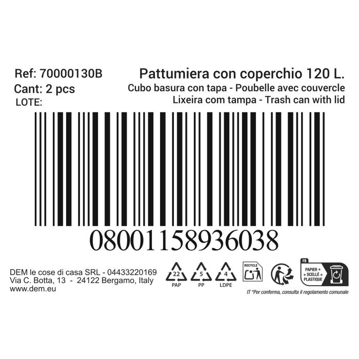 Inde Cubo Basura Con Tapa 120 Lt. Negro/Azul 47.5 cm Ancho x 95 cm Alto x 57 cm Largo 1