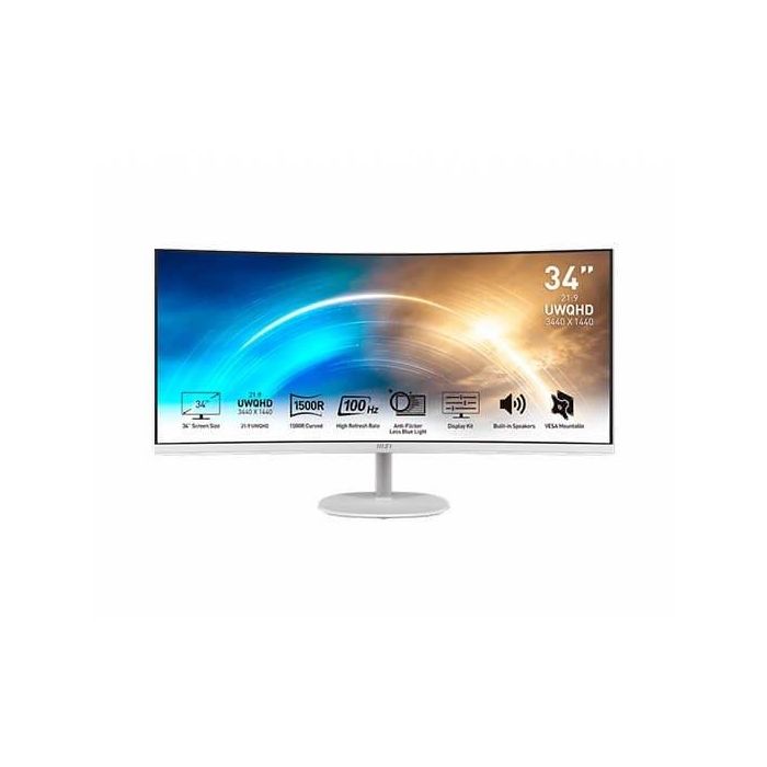 MSI Monitor Pro MP341CQW 34 Pulgadas UWQHD 3440x1440 VA 100Hz 1ms HDMI DP USB Blanco