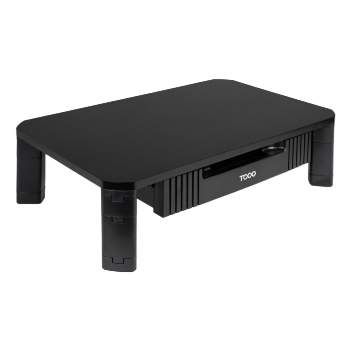 TooQ TQMMPD02 Soporte Ergonómico para Monitor/Portátil con Cajón, MDF/Plástico Negro, Regulable Altura, hasta 20kg