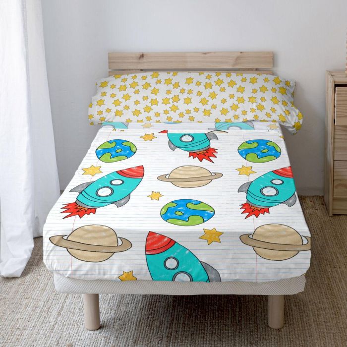 Juego de Sábanas HappyFriday Mr Fox Space Rocket Multicolor Cama de 80/90 2 Piezas 5