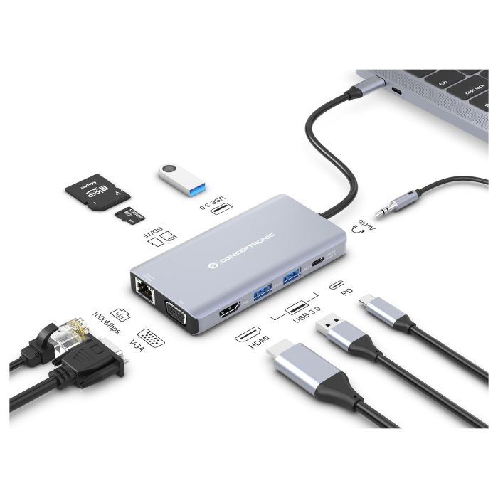 Conceptronic DONN20G Adaptador USB-C a HDMI/USB-A/VGA/AUX con Ethernet y Lector Tarjetas SD, 100W PD, Gris, 25cm