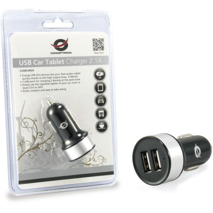 Conceptronic Cargador Dual USB para Coche 12V/24V para Tablet, Smartphone y Dispositivos USB, 2 Puertos 4