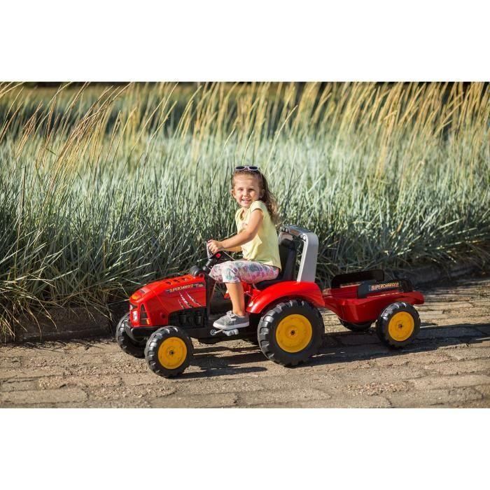 FALK - Tractor de pedal rojo sobrealimentador con capó de apertura y remolque incluido 3