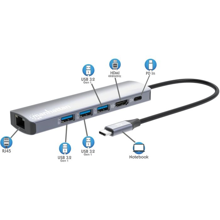 MANHATTAN 6-in-1 4K USB-C Dockingstation 1xHDMI 3xUSB 5 Gb/s 7