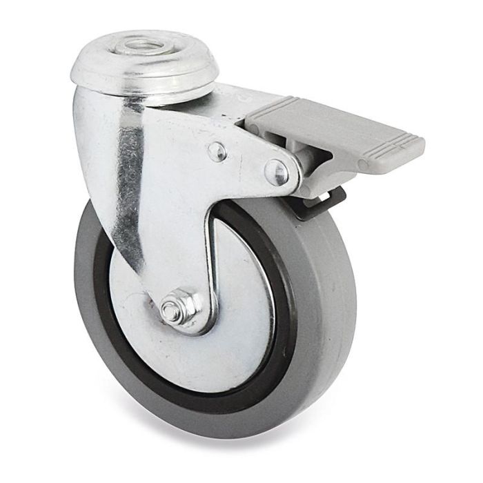 Q&Q Rueda Giratoria Jade Plus Ø100 mm Aro Goma Gris Freno Integral, Taladro Pasante, Placas Antihilos, Doble Hilera Bolas, 70kg