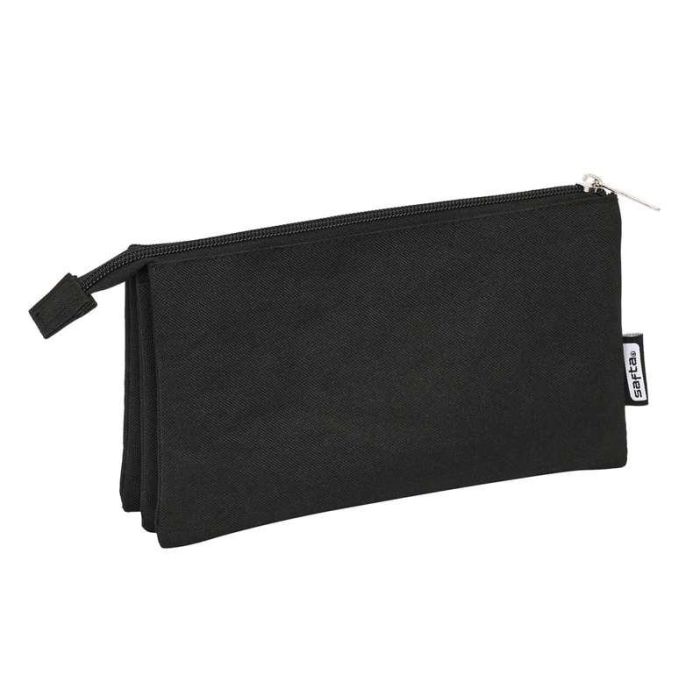 Safta Bolsa para lápices triple negra 22x12x3cm, 300D Poliéster, ideal para niños +3 años 1