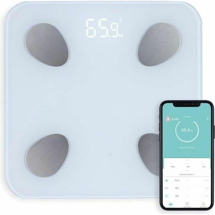 Livoo DOM428 Báscula de Baño Conectada Smart, 13 Indicadores Corporales (IMC, Masa Grasa, Ósea), Vidrio Templado, Pesa hasta 180 kg con App.