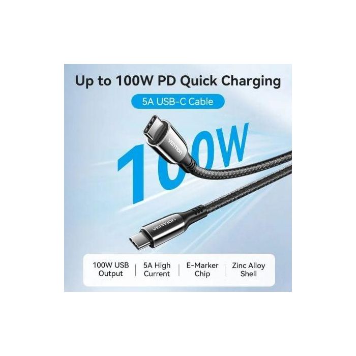 Vention CTKBH Cable USB 2.0 Tipo-C a Tipo-C Macho 100W 5A 480Mbps 2m Negro Algodón Trenzado 1