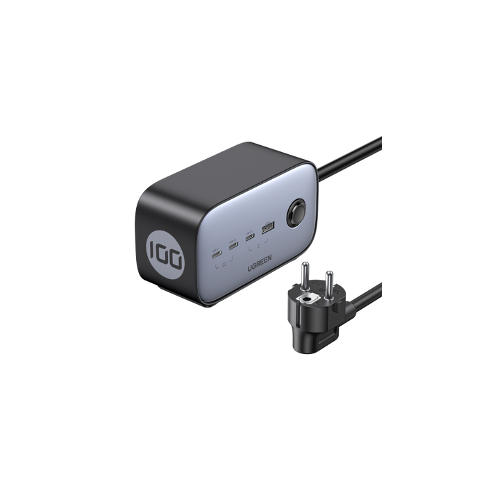 UGREEN DigiNest Cube Regleta 3 Salidas AC 65W, 2 USB-A y 2 USB-C, 1.8m Cable Negro Gris, Carga Rápida 3680W