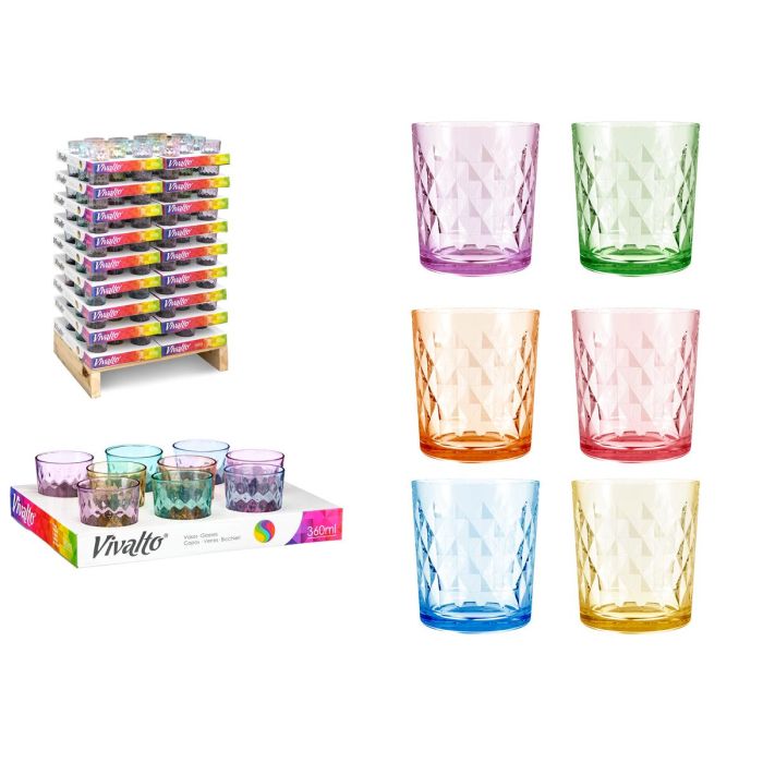 Vivalto Vaso de Vidrio Diamante 360 ml Surtido 6 Colores Amarillo, Azul, Naranja, Morado, Rosa, Verde (162 Unidades)