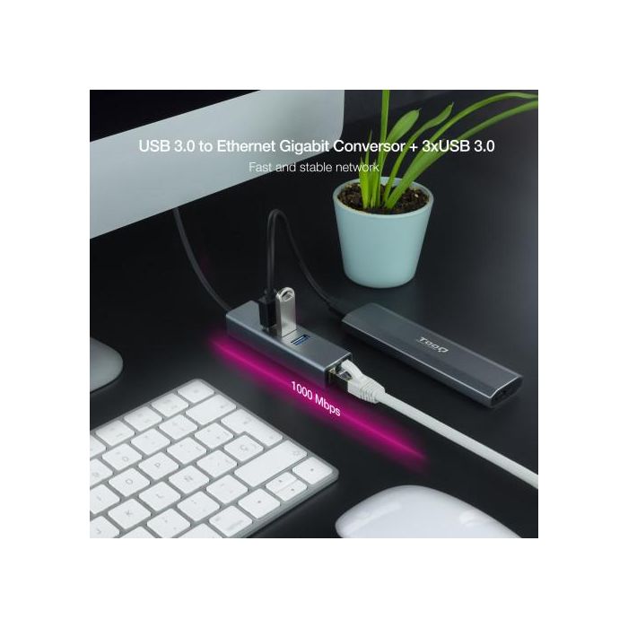 Nanocable Conversor USB 3.0 a Ethernet Gigabit + 3XUSB 3.0, 10.03.0407, Aluminio Gris