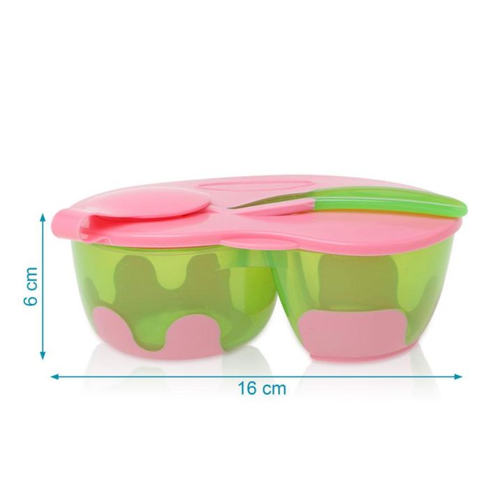 KioKids Cuenco Doble Antideslizante con Tapa y Cuchara para Bebé, Rosa y Verde, +4 Meses, Gran Capacidad 2
