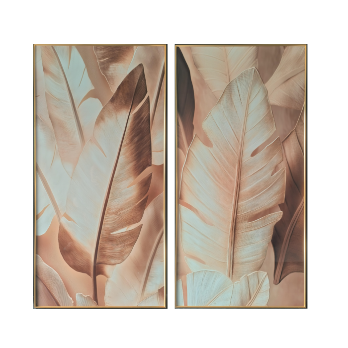 DKD Home Decor Cuadro de Pared Glam Aluminio MDF Dorado Marrón 80x160cm con Hojas de Palmera (2 Unidades)