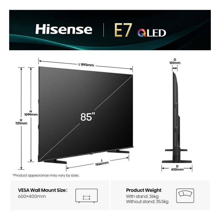 Hisense 85E77Q - Televisor 85" (214 cm) 4K Ultra HD QLED Smart TV, 60Hz, HDR10+, Dolby Vision, WiFi, Bluetooth, VIDAA, 3x Tuner, 2x HDMI 2.1, Negro 1