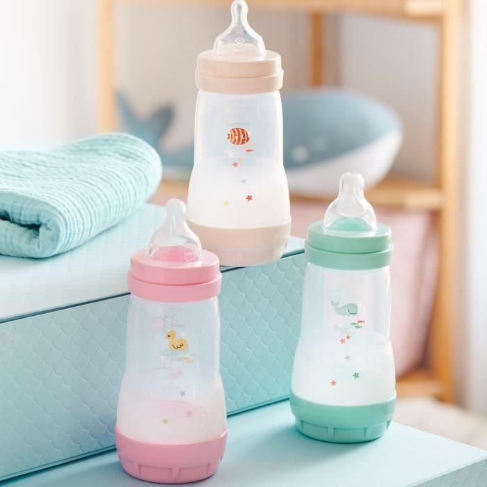 MAM 9001616836411 Juego de 2 Biberones Easy Start Anticólico Clásico 320ml, con Tetinas Caudal 3, Menta y Algodón 4