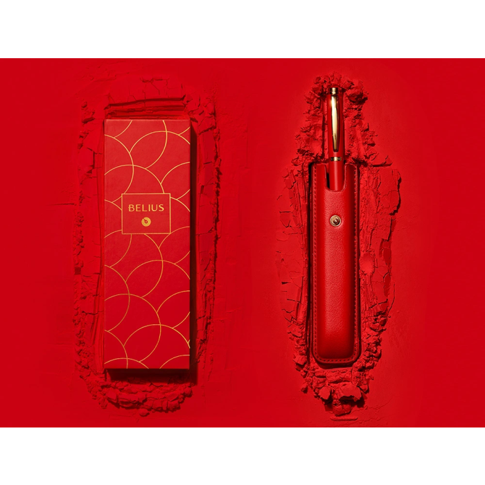 Belius Passion d'or Pluma y estuche de lujo en cuero rojo y dorado con tinta azul, aluminio texturizado 1