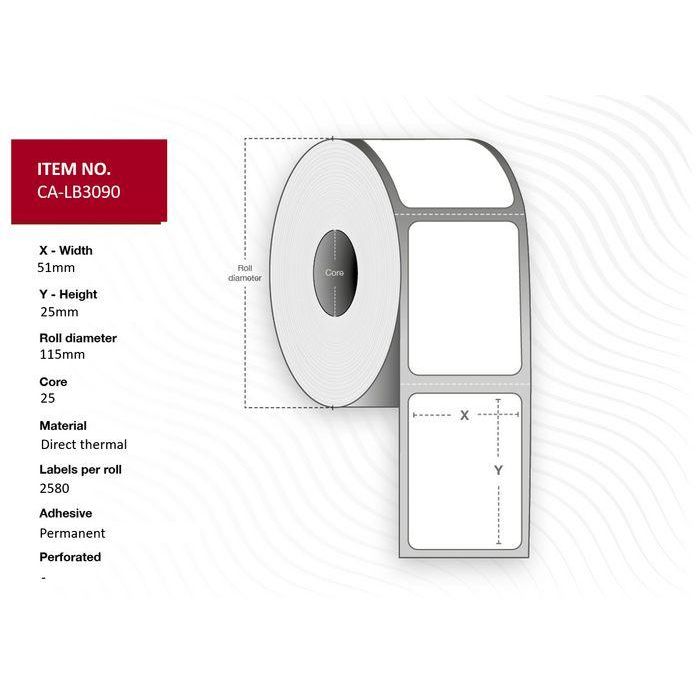 Capture Label 51 x 25 Core 25 Ø 115 mm. White. DT. Permanent. 2580 labels per roll. 12 rolls per box.