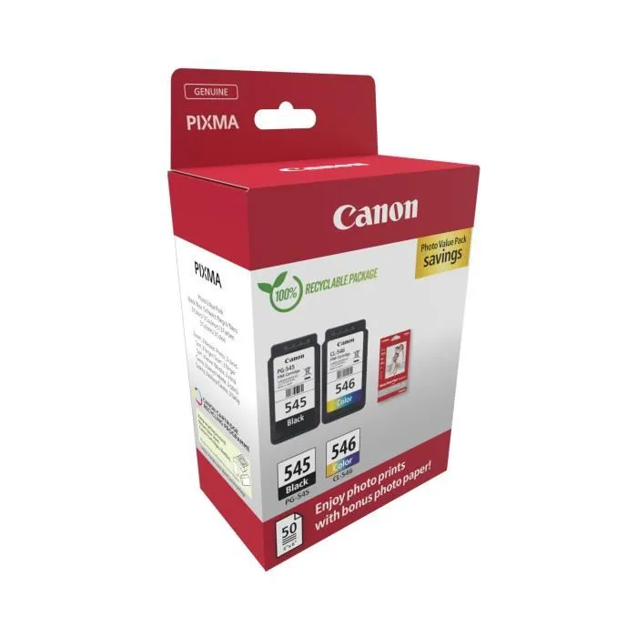 Canon Pack de Tinta Negra y Color PG 545 + CL 546 con Papel Fotográfico 10x15 para Impresoras Pixma IP2850, MG2450, MG2550, TR4550, TR4551 1