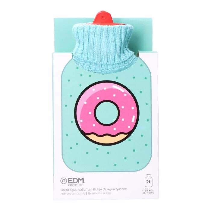 Edm Bolsa de Agua Caliente 2 L Modelo Donut Glaseado Verde Agua con Funda de Lana 1