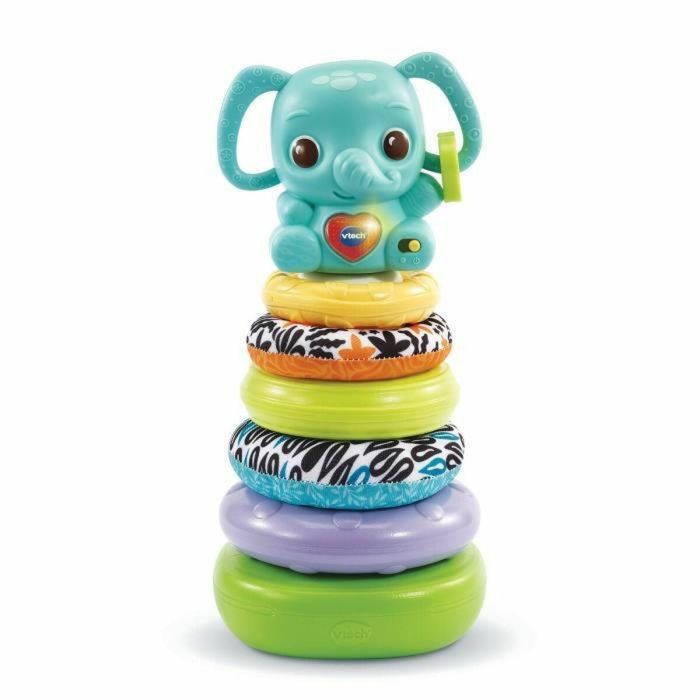 VTECH BABY Nino Baby Elephant Stacko 3 en 1: Torre de Apilamiento, Sonajero Electrónico y Juego de Montaje con Plástico de Origen Biológico Ecodiseñado