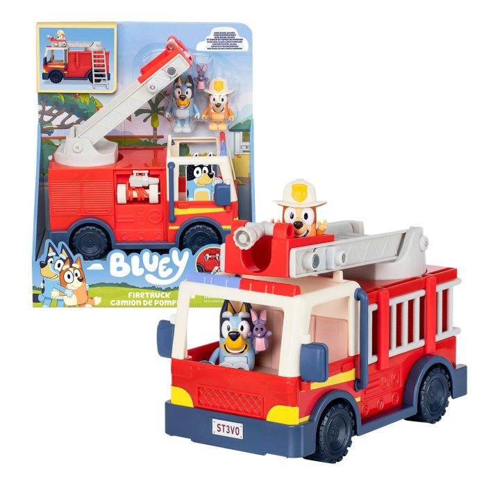 Moose 17610 Camión de Bomberos Bluey con Figuras Bluey, Bingo y Bob Bilby, escalera elevable y manguera, +3 años