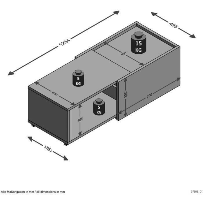Mesa de centro corredera - L74,5 x H38,5 x P49,5 cm - Fabricada en Alemania - SLIDE 5 Mesa de centro corredera - L74,5 x H38,5 x P49,5 cm - Fabricada en Alemania - SLIDE 5
