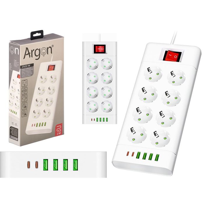 Argon Regleta Multifunción 8 Enchufes con Interruptor y Cable 2 m, 2500W, Plástico Blanco, 28.5x5x18 cm (Set de 8)
