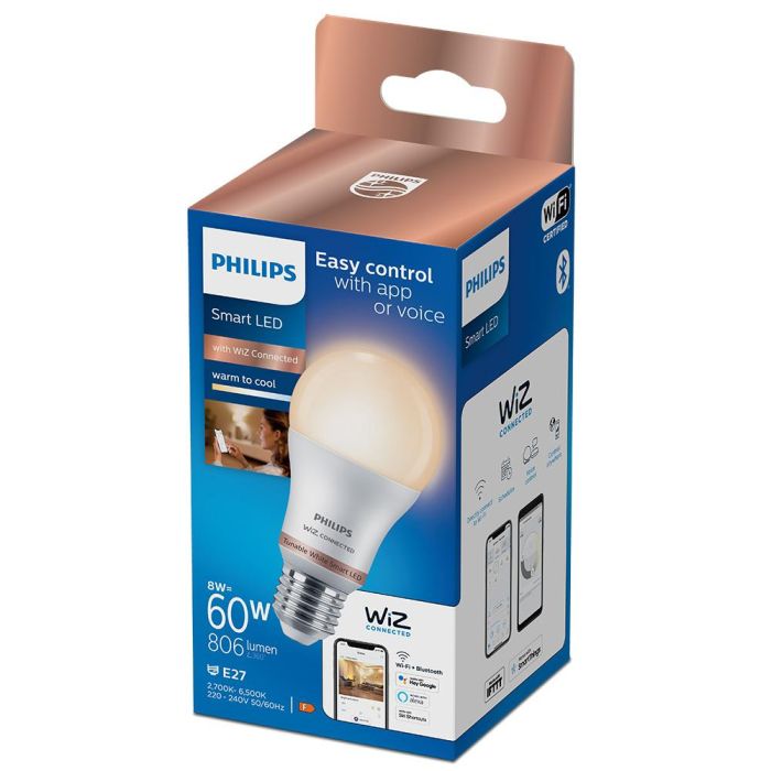 Bombilla led standard e27 8w 2.700k-6.500k 806lm wifi philips wiz 1