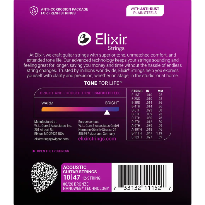 Elixir Juego Acústica 12St. Nanoweb 80/20 Bronze 10-47 / 10-27 Cuerdas para Guitarra 2