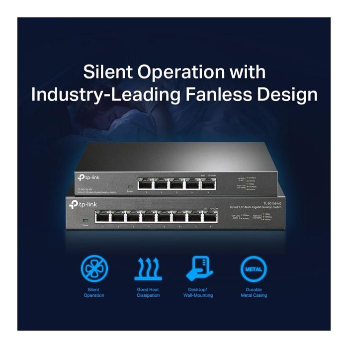 TP-Link TL-SG108-M2 Switch de escritorio 8 Puertos 2.5G Gigabit, 40 Gbps, Sin Ventilador, Plug & Play, Carcasa Metálica