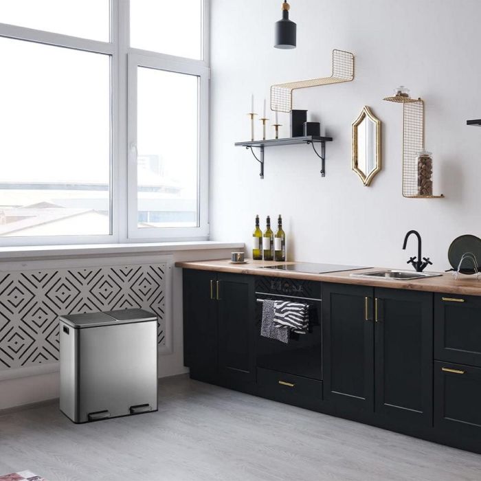 Kitchen Move MAJOR Papelera de Cocina Rectangular con Pedal Clasificación Selectiva 60L (2x30L) Acero Inoxidable Cepillado 2