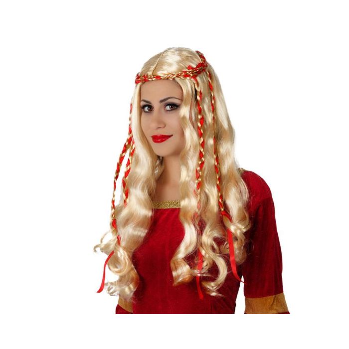 Peluca Rubia Medieval Con Trenzas Rojas para Cosplay, Ferias Renacentistas y Teatro de Adulto