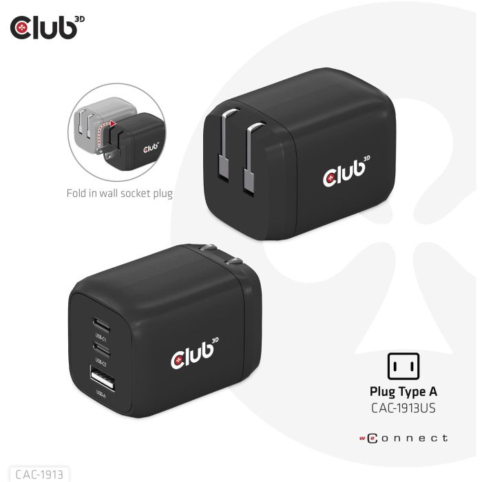 Club3D Ladegerät 2xUSB Typ C. 1xUSB Typ A. PD 65W. GaN retail 1