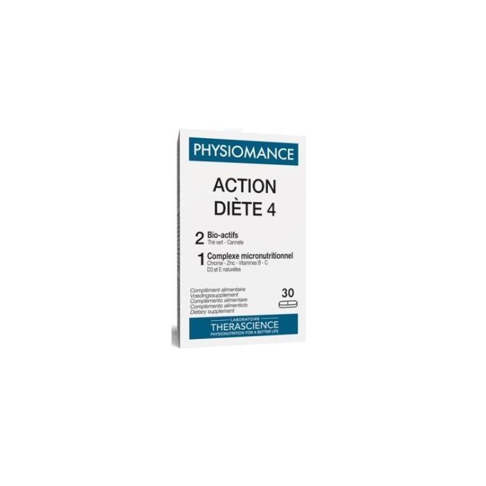 Physiomance Acción Dieta 4, 30 comprimidos con té verde, canela, vitaminas y minerales. Contribuye a mantener la glucemia normal