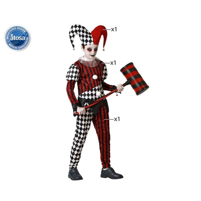 Disfraz de Arlequín Clásico Infantil para Niño 5-6 Años con Gorro, Pantalón y Camisa - Rojo y Negro para Halloween