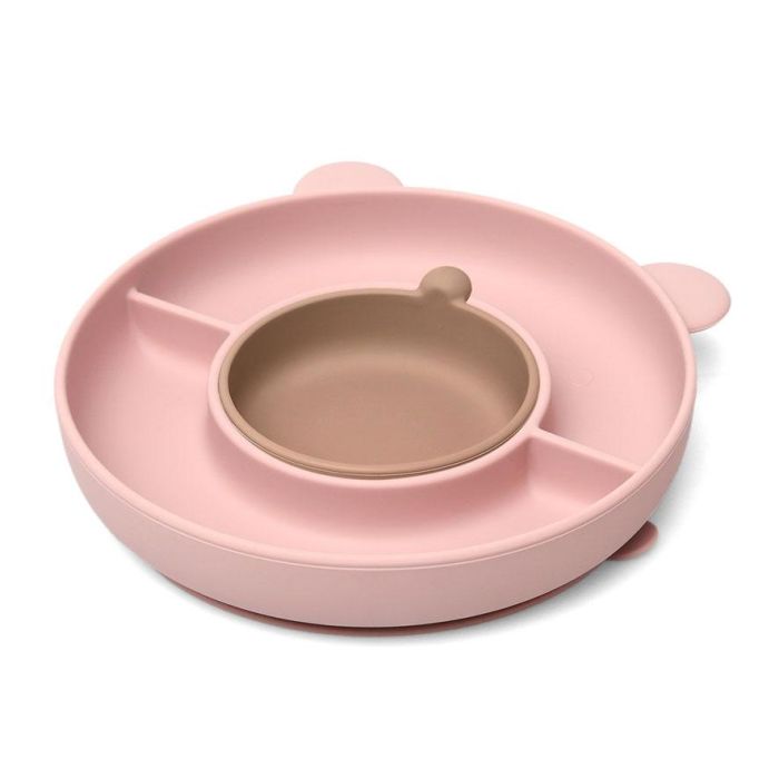 Kiokids Plato de Silicona con 3 Compartimentos, Ventosa y Diseño de Oso Rosa para Bebés +6 Meses, Baby Led Weaning, Apto Lavavajillas y Microondas