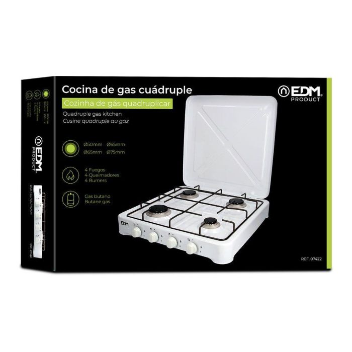 Edm Cocina de Gas Esmaltada 4 Fuegos Blanca para Gas Butano Exterior 57 x 52 x 7,5 cm 1 Edm Cocina de Gas Esmaltada 4 Fuegos Blanca para Gas Butano Exterior 57 x 52 x 7,5 cm 1