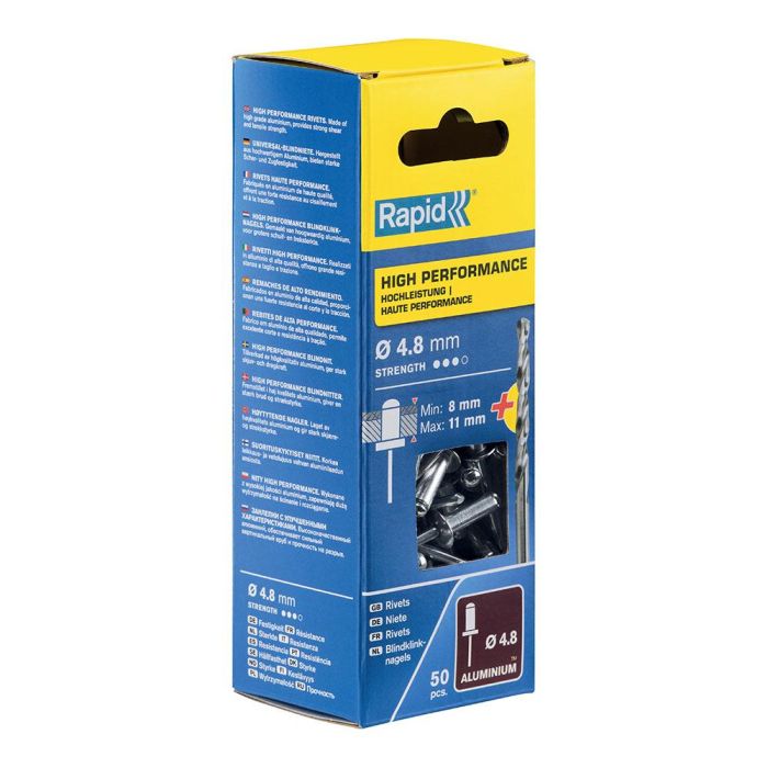 Rapid 5000389 Blíster 50 Remaches de Aluminio Ø4.8x14mm con Broca para Fijación en Lugares Expuestos