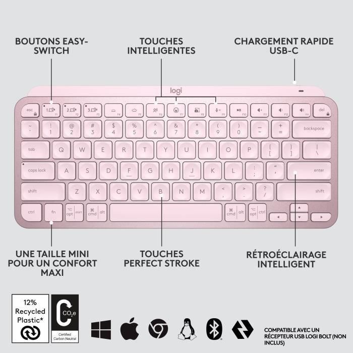 Teclado inalámbrico Logitech - MX Keys Mini - PINK - Compacto, Bluetooth, retroiluminado para MAC, iOS, Windows, Linux, Android 5