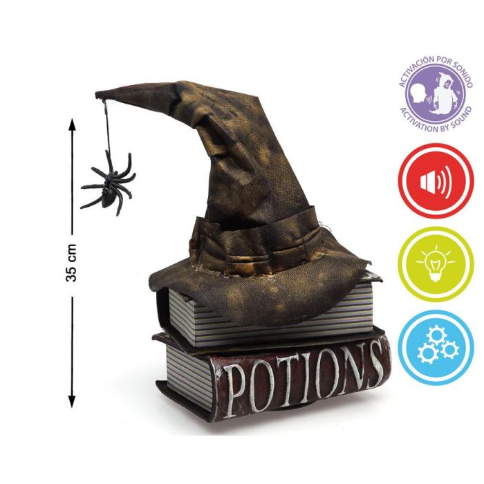 Decoración Libros Embrujados con Sombrero de Bruja y Araña 35 cm con Luz, Sonido y Movimiento para Halloween