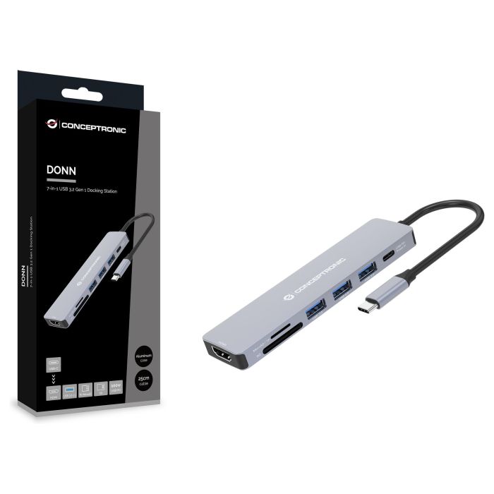 Conceptronic DONN19GR Hub USB Tipo C Gris con 3x USB-A, 1x USB-C, HDMI 1.4, 5Gbps, 4K Ultra HD, Power Delivery 100W 2