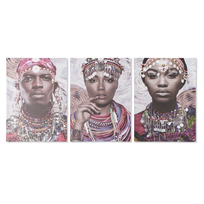 DKD Home Decor Cuadro Decorativo Colonial de Pared, Estilo Africano, Multicolor, en Lienzo y Mdf - Set de 3 Unidades, 70 x 50 x 1.8 cm