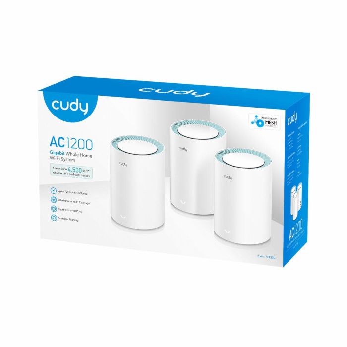 Cudy M1300 3-PACK sistema Wi-Fi Mesh (Wi-Fi en malla) Doble banda (2,4 GHz / 5 GHz) Wi-Fi 5 (802.11ac) Blanco 1 Interno 1 Cudy M1300 3-PACK sistema Wi-Fi Mesh (Wi-Fi en malla) Doble banda (2,4 GHz / 5 GHz) Wi-Fi 5 (802.11ac) Blanco 1 Interno 1