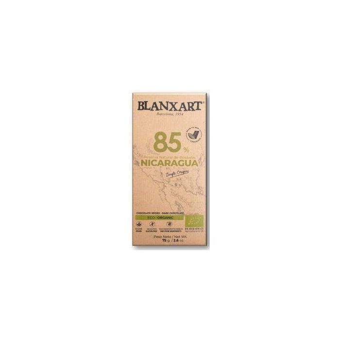BLANXART Chocolate Negro 85% Cacao Nicaragua Ecológico, Tableta Artesanal Vegana Sin Gluten Bajo Azúcar 75g