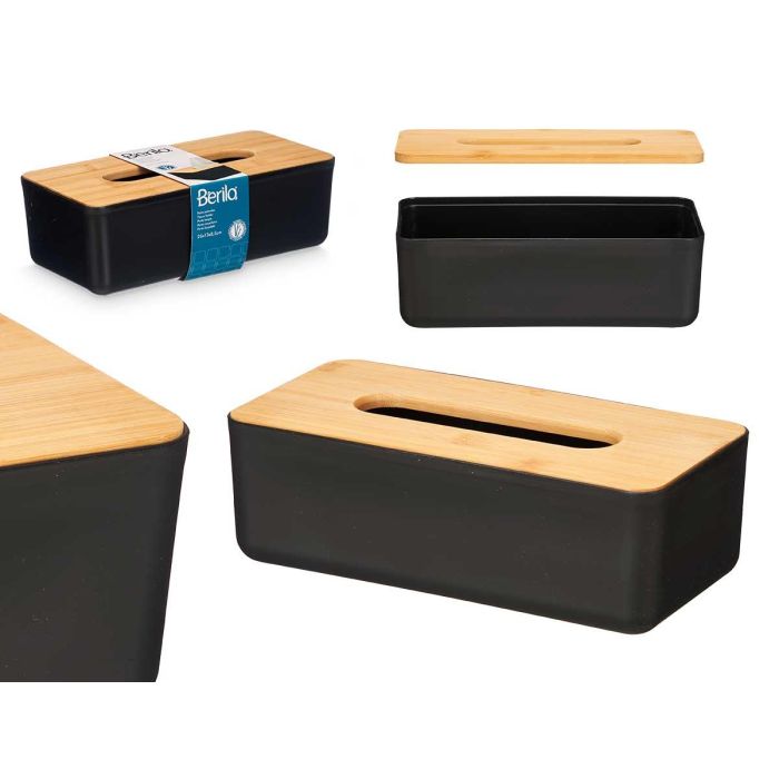 Porta Pañuelos Negro con Tapa de Bambú 26 cm - Berilo (8 Unidades) Porta Pañuelos Negro con Tapa de Bambú 26 cm - Berilo (8 Unidades)
