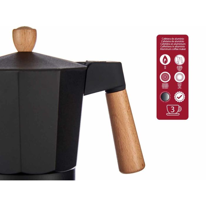 Cafetera Kinvara Aluminio 3 Tazas Negra con Asa de Madera 8.5x15.7x14 cm (12 Unidades) 3 Cafetera Kinvara Aluminio 3 Tazas Negra con Asa de Madera 8.5x15.7x14 cm (12 Unidades) 3