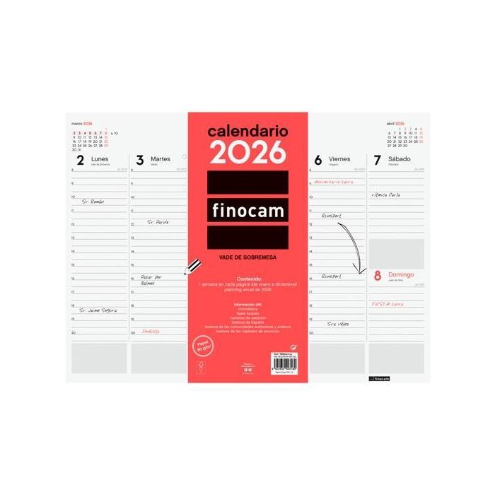 Finocam Vade Calendario Sobremesa Encolado 420x310 mm Svv Neutro 2026 Planificación Semanal con Notas y Fases Lunares