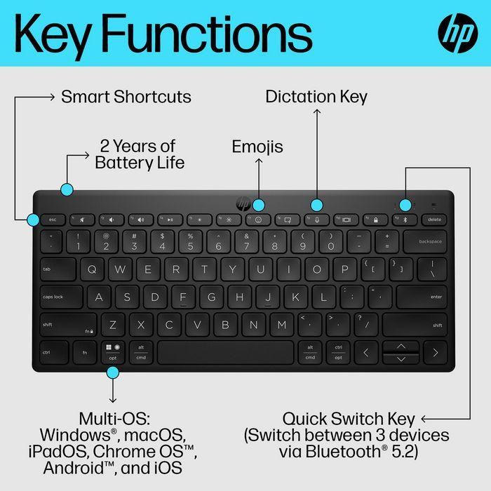 HP 355 Compact Multi UK Teclado Inalámbrico Compacto y Confortable con Conectividad Multi-dispositivo para Escritorio y Portátil 5