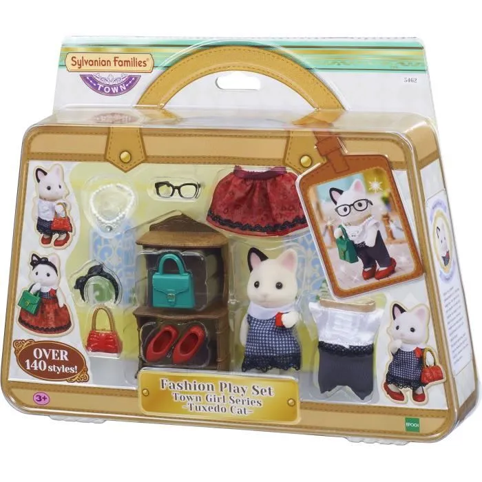 Sylvanian Families 5462 Set Maleta de Moda y Hermana Mayor Gato Bicolor, Muñeca para Niños y Niñas 1